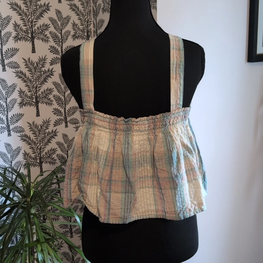 NWT! American Eagle Outfitters Textured Top in Blue and Beige Plaid - Picture 6 of 7